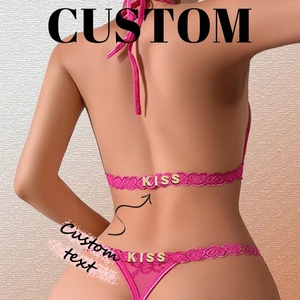 Ensemble de lingerie sexy personnalisable avec lettrage en strass personnalisé et soutien-gorge en dentelle transparente G-String pour culotte Tangas à lettres dorées - Product Image 5