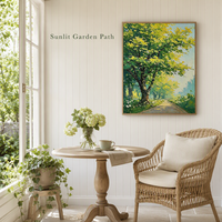 Peinture abstraite de paysage de sentier forestier ensoleillé, art mural, paysage d'arbres verts, impression numérique, toile 6 couleurs, imperméable, respectueux de l'environnement