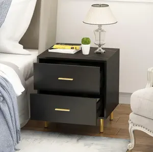 Modern Bedroom 2-Drawer Black Wood Nightstand With Metal Legs Side Table Bedside Table Iron Nightstand