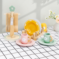 Set Peralatan Makan Kayu Bermotif Bunga dengan Rak Cangkir Tempat Peralatan Makan Piring Mug Hadiah Permainan Peran Meja Anak-anak