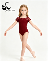 Maillot de Ballet de Manga Corta para Niñas, con Encaje Floral y Cuello Cuadrado, de Nailon Mate y Spandex, con Cintura Elástica, para Gimnasia y Entrenamiento