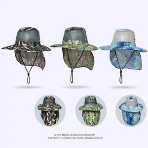 Chapeaux de seau en coton/polyester camouflage à la mode avec rabat de filet arrière Protection solaire UV Logo personnalisé Casquette de pêche à large bord