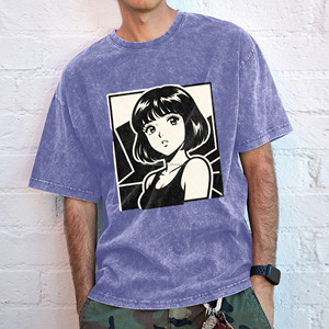 T-shirt Oversize Vintage USA en Coton Délavé à l'Acide avec Imprimé Graphique Fille <span class=keywords><strong>Manga</strong></span> Japonaise Rétro – Style Décontracté Streetwear à Manches Courtes - Product Image 3