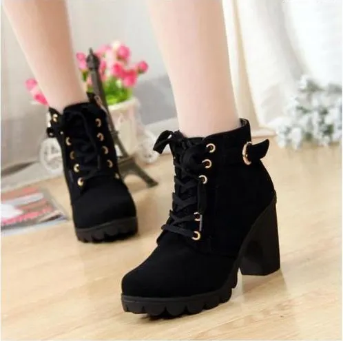 New high heeled casual ladies shoe Suede Buckle Solid color Lace-up Block Heel Closed Toe women Ankle Boots
