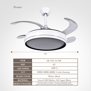 42 Inch Modern Whtle Black Modern Retractable Invisible <b>Ceiling</b> Fan With Led <b>Light</b> and <b>Remote</b> <b>Control</b> for Living Room - Product Image 3