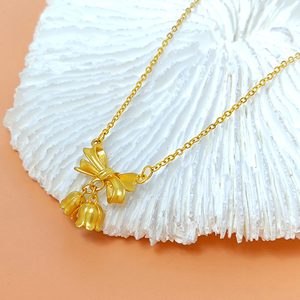 Elegant 18K Gold Bow & Lily of the Valley Necklace for Women | High End Design <b>Choker</b> Chain | Stainless Steel, Non-Fading - Product Image 1