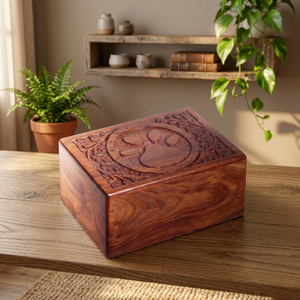 Urna de Madera Hecha a Mano para Mascotas con Diseño de Huella Tallada, Acabado en Madera Natural Marrón, Cofre Conmemorativo - Product Image 3