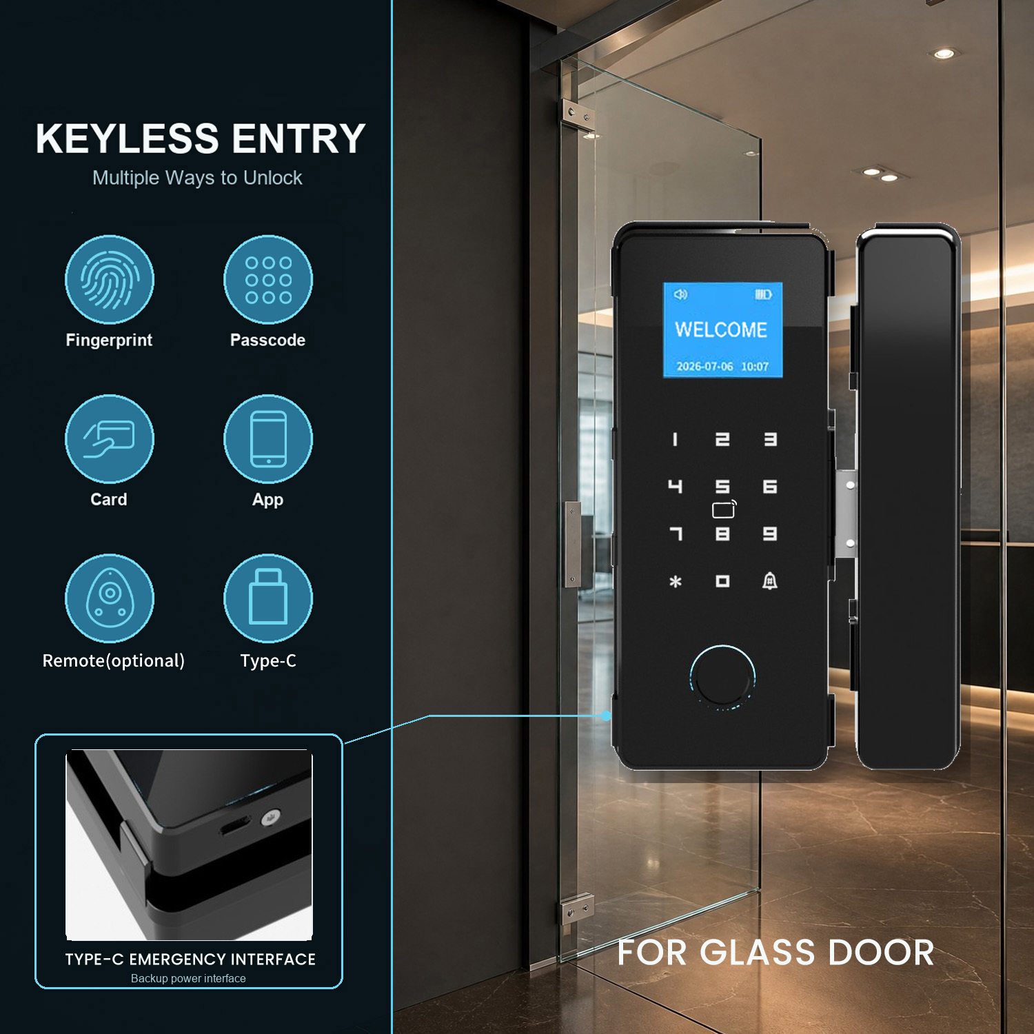 No Drill Tuya Smart Glass Door Lock Fingerprint Digital Password IC Card Access Control Keyless Office Frameless Door Lock · image 2