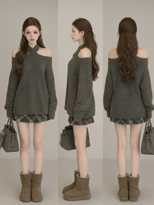 Schicker olivgrüner Pullover mit überkreuztem Ausschnitt und schulterfreiem Design |   Gemütlicher Strickpullover für Damen |   Herbst-Winter-Mode Streetwear OOTD - Product Image 2