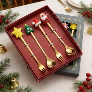 Vente flash - Sets de vaisselle sur le thème de Noël - 6 pièces - Ensemble de couverts en acier inoxydable pour Noël - Cuillère et fourchette - Product Image 6