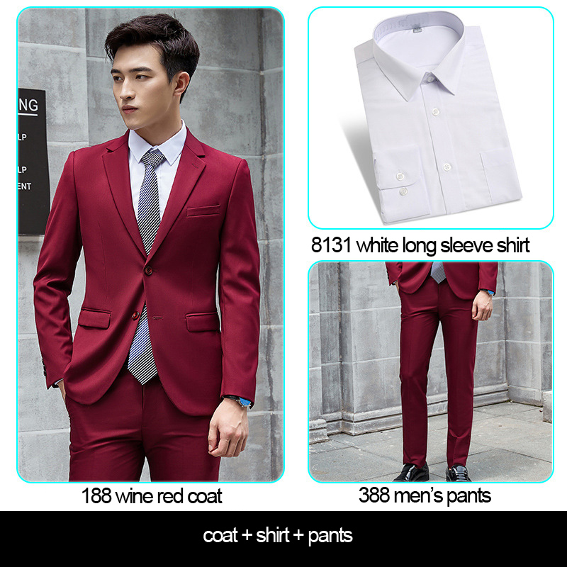 Abrigo rojo vino de los hombres + Pantalones + camisa blanca