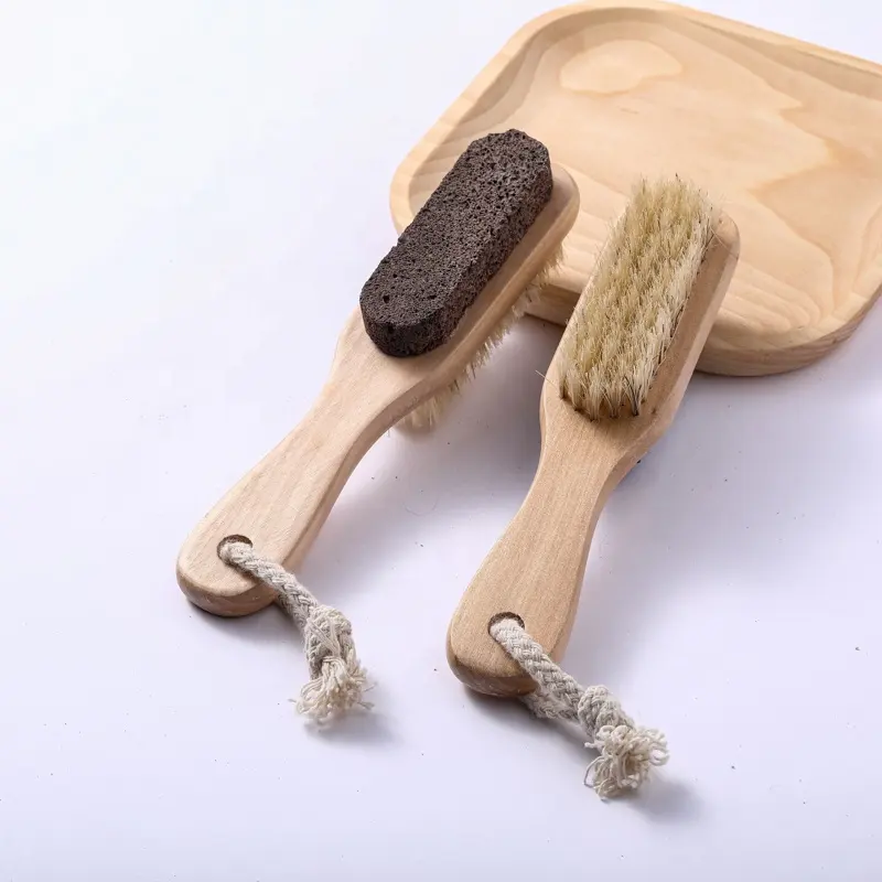 Double Side Natural Boar Bristle Bath Scrubber Feet Brush Wooden Bamboo Massage Foot Cleaner Brush with Natural Lava Stone