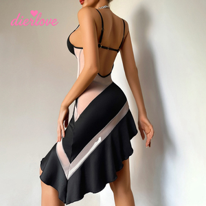 Robe <span class=keywords><strong>mini</strong></span> en maille transparente à rayures diagonales noires et blanches Dierlove avec soutien-gorge intégré, lingerie sexy pour femmes - Product Image 5