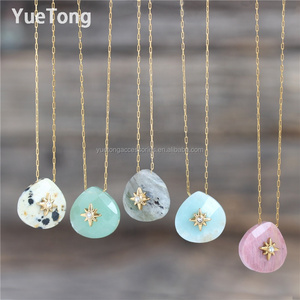 Collar Gargantilla con Colgante de Piedra Natural Hecha a Mano, Rodonita y Cuarzo Rosa <span class=keywords><strong>en</strong></span> Forma de Lágrima, Joyería Minimalista de Acero Inoxidable Chapado <span class=keywords><strong>en</strong></span> Oro de 18k - Product Image 1