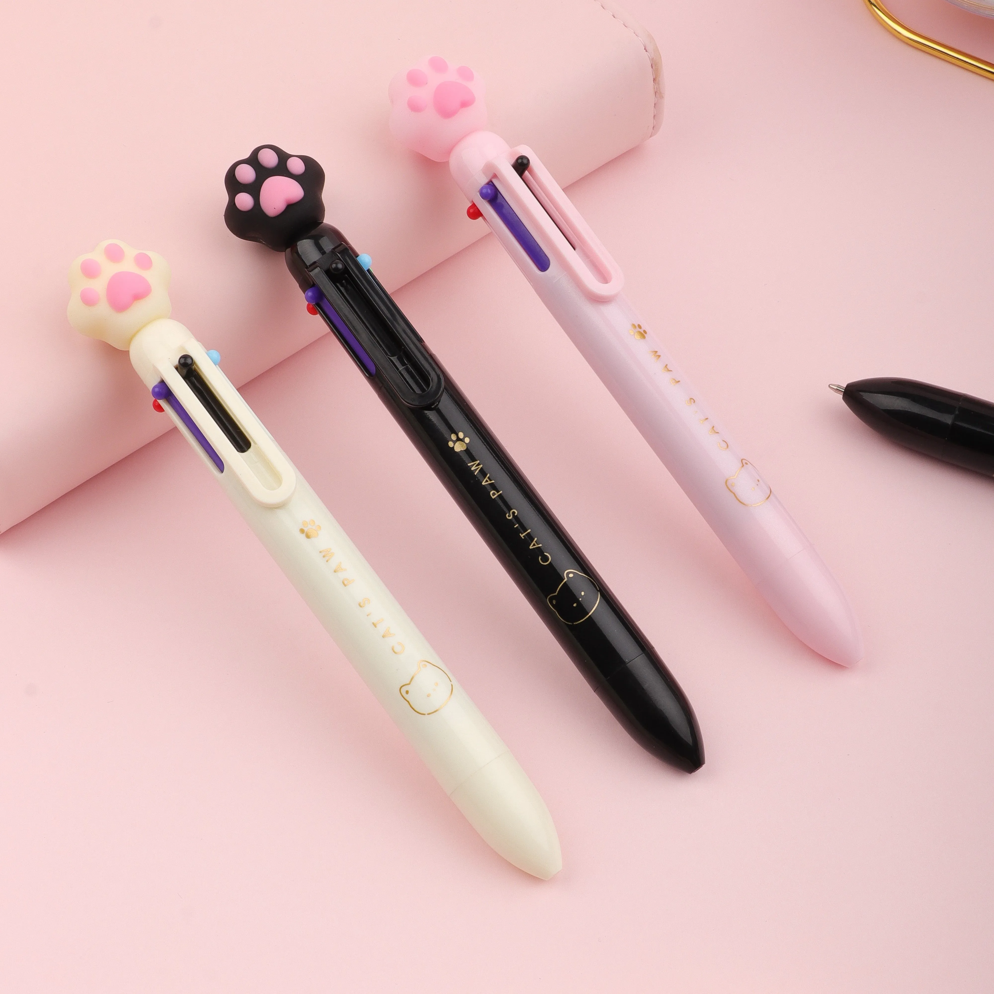 Cute kawaii 6 in 1 multi functional tool ballpoint pen pink yellow black cat claw Multicolor Ballpoint Pen