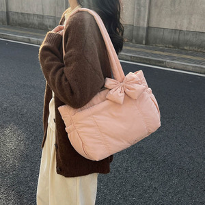 Borsa tote da donna in cotone con fiocco - Stile giapponese e coreano, grande capacità, leggera, morbida, tinta unita, casual, per uso quotidiano - Product Image 2