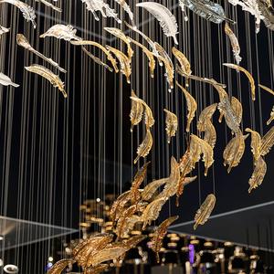 Lustre en verre et plumes, suspension moderne <span class=keywords><strong>de</strong></span> luxe en acier inoxydable, éclairage personnalisé pour escalier, hall d'hôtel, projets, fabrication sur mesure - Product Image 2