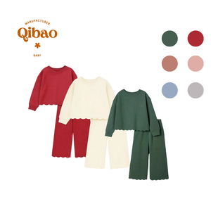 NUOVO Design Autunnale Set di Abbigliamento per Bambine 2 Pezzi in Cotone Tinta Unita con Felpa a Balze e Pantaloni - Product Image 1