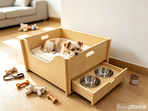 Lit pour <span class=keywords><strong>chien</strong></span> en bois massif avec tiroir coulissant, bols en acier inoxydable, coussin moelleux, maisonnette en bois pour animaux de compagnie d'intérieur pour chiens de petite et moyenne taille - Product Image 3