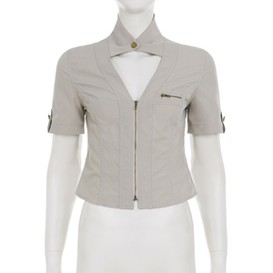 Street Style Vintage Stand Collar <b>Patchwork</b> Hollow Out Cargo <b>Shirt</b> Zipper Cardigan Casual Short Sleeve - Product Image 6