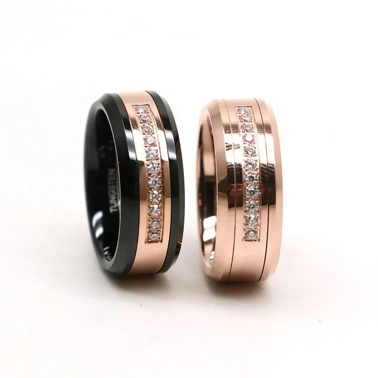 Anillo de tungsteno de moda personalizada acabado mate biselado pulido 8mm tungsteno CNC con incrustaciones de carburo de circón anillo de boda para hombres