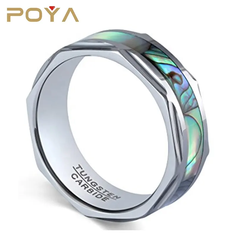 POYA Jewelry 8mm Diamond-faceted Tungsten Carbide Ring Abalone Shell Inlay Engagement Wedding Bands For His and Her