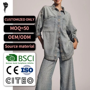 New Arrival Casual Western Style Women's Oversized Denim <b>Shirt</b> <b>Studded</b> Denim Buttondown Long Sleeve Jacket - Product Image 1
