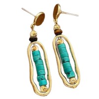 Boucles d'oreilles clous vintage asymétriques ovales en turquoise et cuivre, œil de tigre, design subtil et luxueux, très tendance