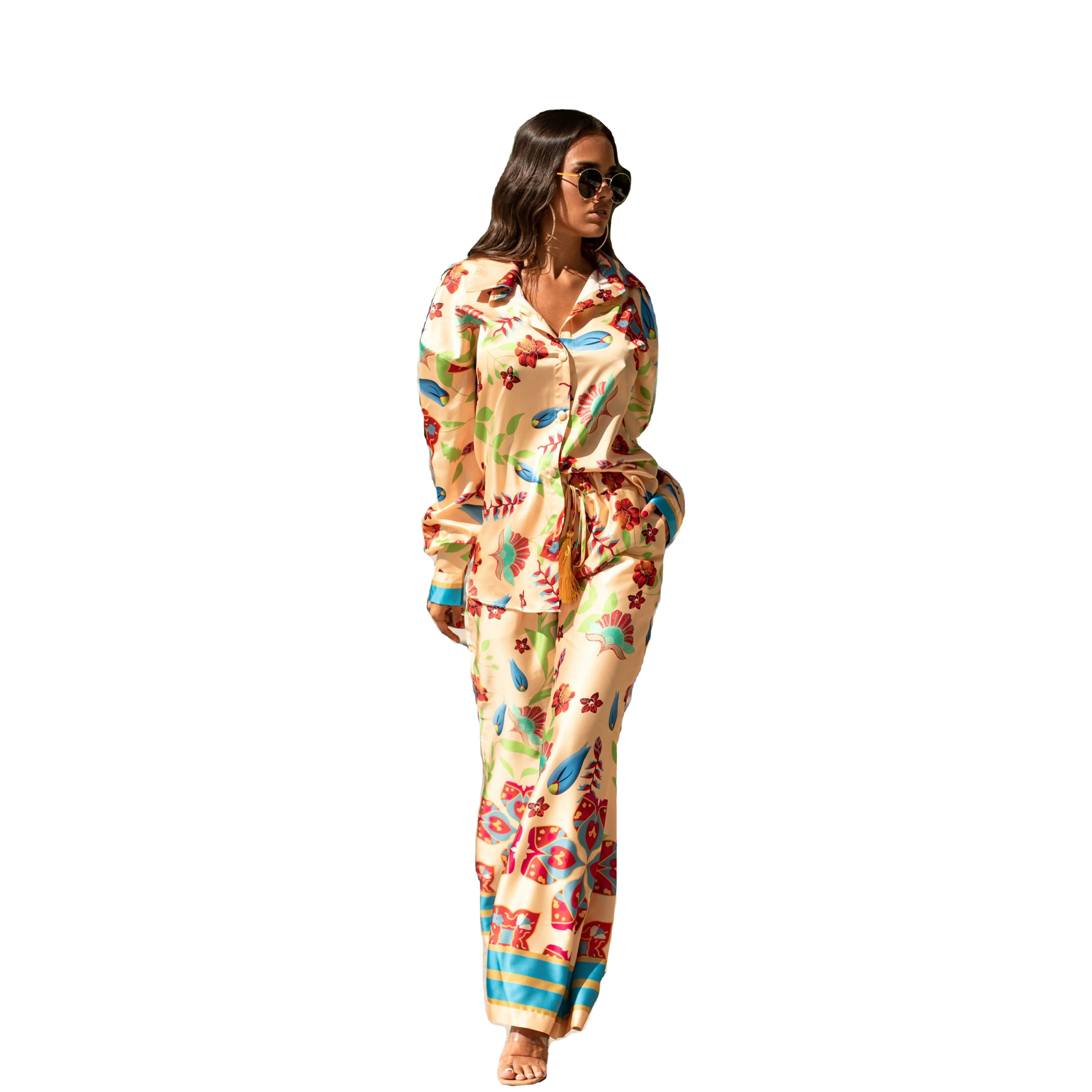 Frauen Trendy Two Pieces Mehrfarbige Casual Print Design Hose Bluse Sommer anzug Set Gelb
