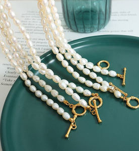 חדש צמיד זהב 18K מצופה זהב 18k אבזם פלדה פנינים טבעיות מים מתוקים ערכת תכשיטי כלה - Product Image 2