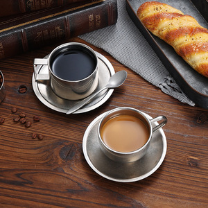 Japanese Industrial Style Stainless Steel Coffee Cup Saucer Spoon Set Matte Finish Home Use Durable 304 Steel Set - Product Image 1
