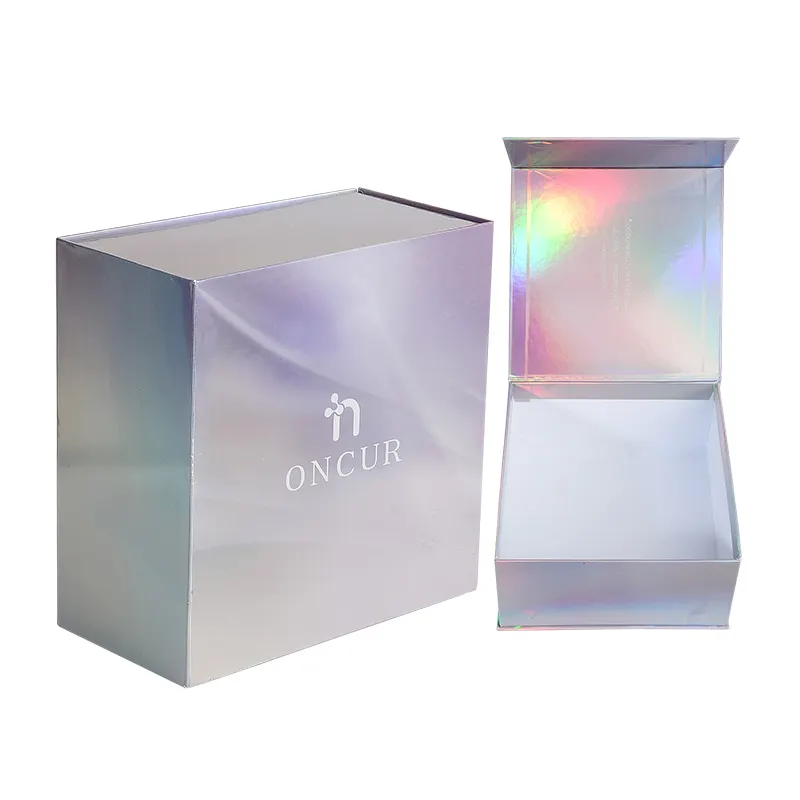 Holographic & Iridescent Foil Shiny Paper Box, Custom Logo Printed Rainbow Laser Color Magnetic Gift Folding Box