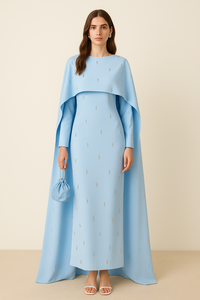 Vestido Largo Leduo Personalizado de Lujo con Mangas Tipo Capa en Azul Claro y Adornos - Elegante Vestido de Noche Formal - Product Image 2