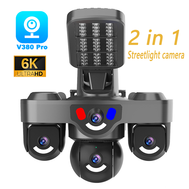 4 Lens Solar Street Light Camera 12MP HD Full-Color Night Vision with Red-Blue Alarm Light 2-in-1 Lighting Surveillance Lamp