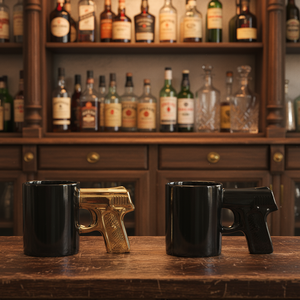 Nuova <span class=keywords><strong>Tazza</strong></span> Personalizzata in <span class=keywords><strong>Ceramica</strong></span> da 350ml a Forma di Pistola Americana <span class=keywords><strong>con</strong></span> Manico 3D Oro/Argento per Caffè e Birra - Product Image 2