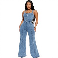Nouvelle mode estivale, vêtements de rue, sans manches, jeans skinny uniques, combinaison en denim évasée, une pièce, pour femmes