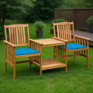 Conjunto de Bistro para Patio de Madera de Acacia Sólida con Cojines Azules, Muebles de Jardín para 2 Personas, Estilo Tradicional - Product Image 2