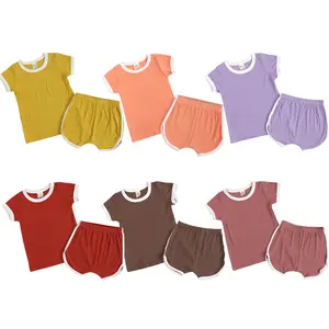 Verão Manga Curta T-shirt Crianças Outfit Knitted Ribbed Solid Color Ribbed Cotton Two Piece Infant Clothes Set Recém-nascidos