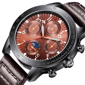 Montre chronographe de style pilote pour homme, lunette tachymètre, phase de lune, bracelet en cuir noir - Product Image 4