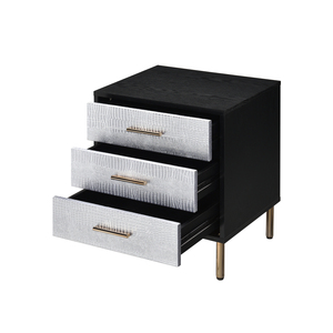 Black Nightstand With 3 <b>Drawers</b> Silver Crocodile Pattern Fronts Gold Legs Bedroom <b>Storage</b> <b>Drawer</b> Unit - Product Image 1