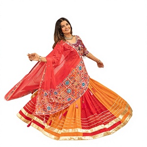 Traditional Indian Women's <b>Lehenga</b> Choli Set <b>Red</b> Orange Polyester Floor Length Loose Fit Wedding Wear - Product Image 1