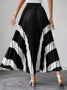 Falda Maxi Plisada a Rayas Blancas y Negras de Cintura Alta Elegante para Mujer, Estilo Casual <span class=keywords><strong>en</strong></span> Línea A <span class=keywords><strong>con</strong></span> Textura Satinada, Ideal para Oficina y Fiestas - Product Image 3