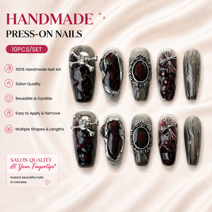 Faux <span class=keywords><strong>ongles</strong></span> à presser faits main, motif Halloween Gothique Sombre Crâne <span class=keywords><strong>Croix</strong></span> 3D, forme Cercueil Moyenne, 10 pièces, Vente en gros - Product Image 1
