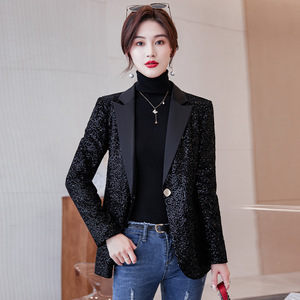 Women's Black <b>Sequined</b> Blazer Solid Color Polyester Fiber Spring Autumn Stylish <b>Jacket</b> - Product Image 1
