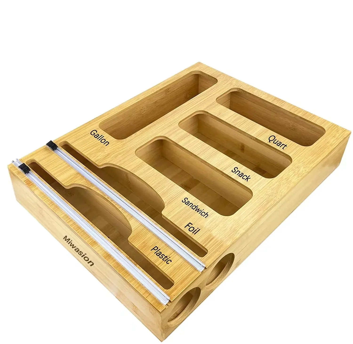 Kitchen Wooden Drawer Organizers With Plastic Foil Wrap Dispenser Holder Bamboo Ziplock Bag Storage Organizer