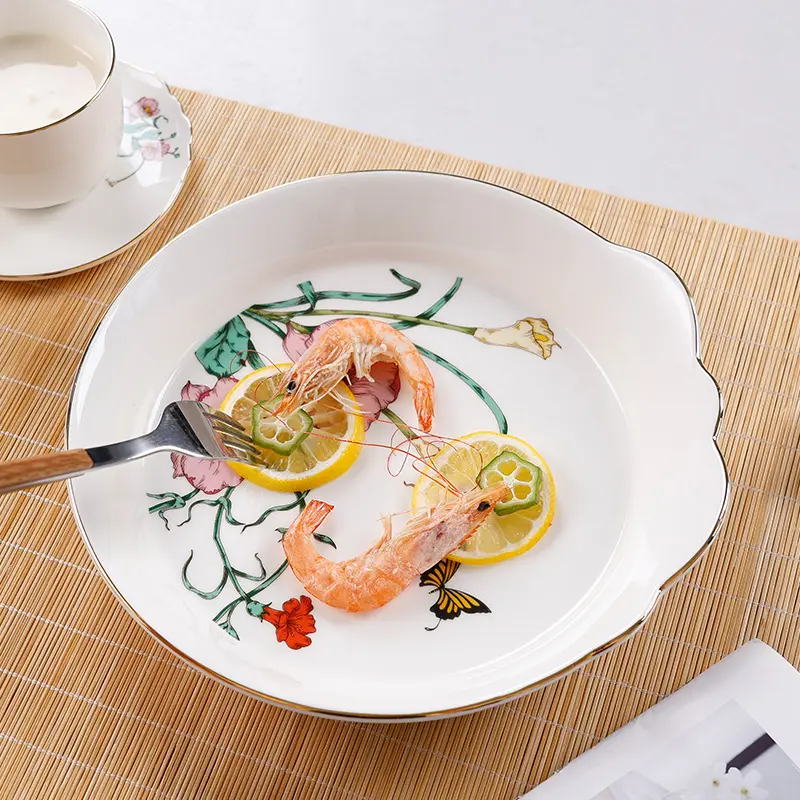 Vajilla europea de gres de alta calidad de la fábrica de cerámica YST, plato de sopa profunda con diseño de calcomanía de flores para hoteles y restaurantes