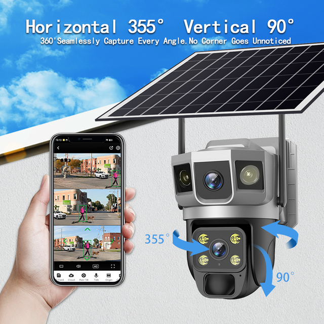2MP+2MP+2MP Triple Lens Solar Power PTZ Camera Wireless WiFi Outdoor IP Dome Security Camera