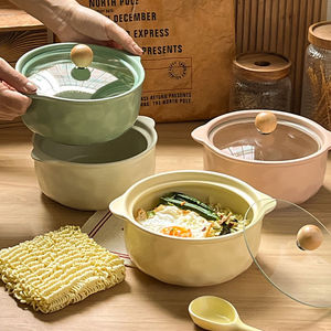Microondas de alta calidad a granel esmalte mate doble manija cocina cerámica redonda 900ml tazón de sopa de fideos instantáneos con tapa - Product Image 5