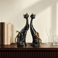 Paire de sculptures de chats floraux en résine noire avec queues dorées, figurines artistiques de table pour la décoration du salon, du bureau et de la maison