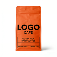 Sachet d'emballage de café personnalisé imprimé orange à fond plat avec valve unidirectionnelle, fermeture éclair refermable et languette déchirable, vente en gros